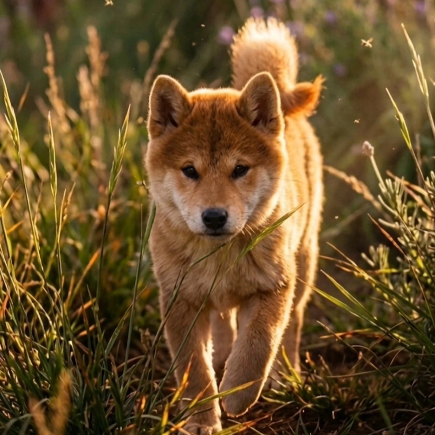 Jeune Shiba Inu roux du Royaume d’Akuma avançant dans l’herbe