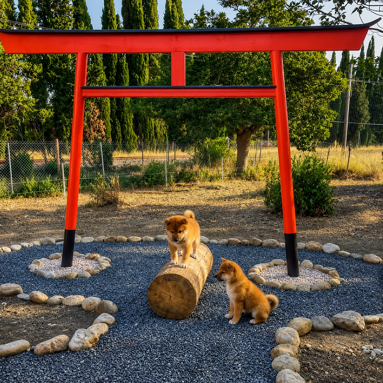 Chiot Shiba Inu roux du Royaume d’Akuma explorant un tronc dans le jardin