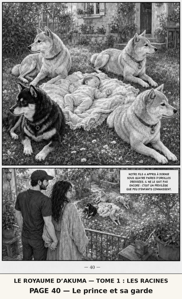 Planche de manga : quatre Shiba Inu veillent sur un enfant endormi dans le jardin