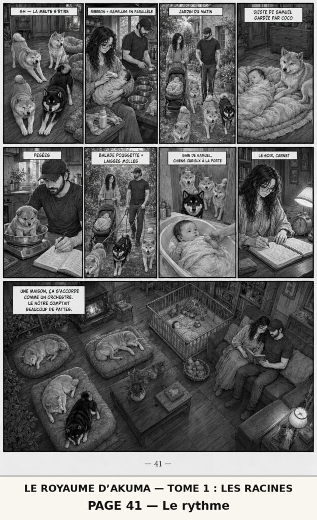 Planche de manga : une journée ordinaire dans la maison partagée avec la meute de Shiba Inu