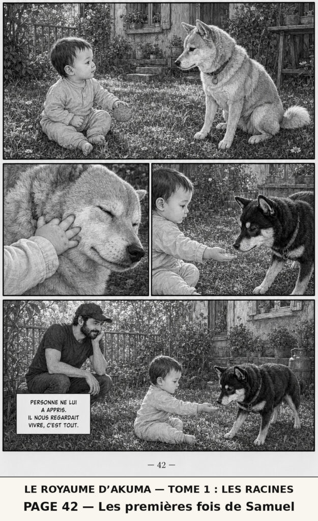 Planche de manga : un enfant et un Shiba Inu se découvrent sans ordre ni contrainte