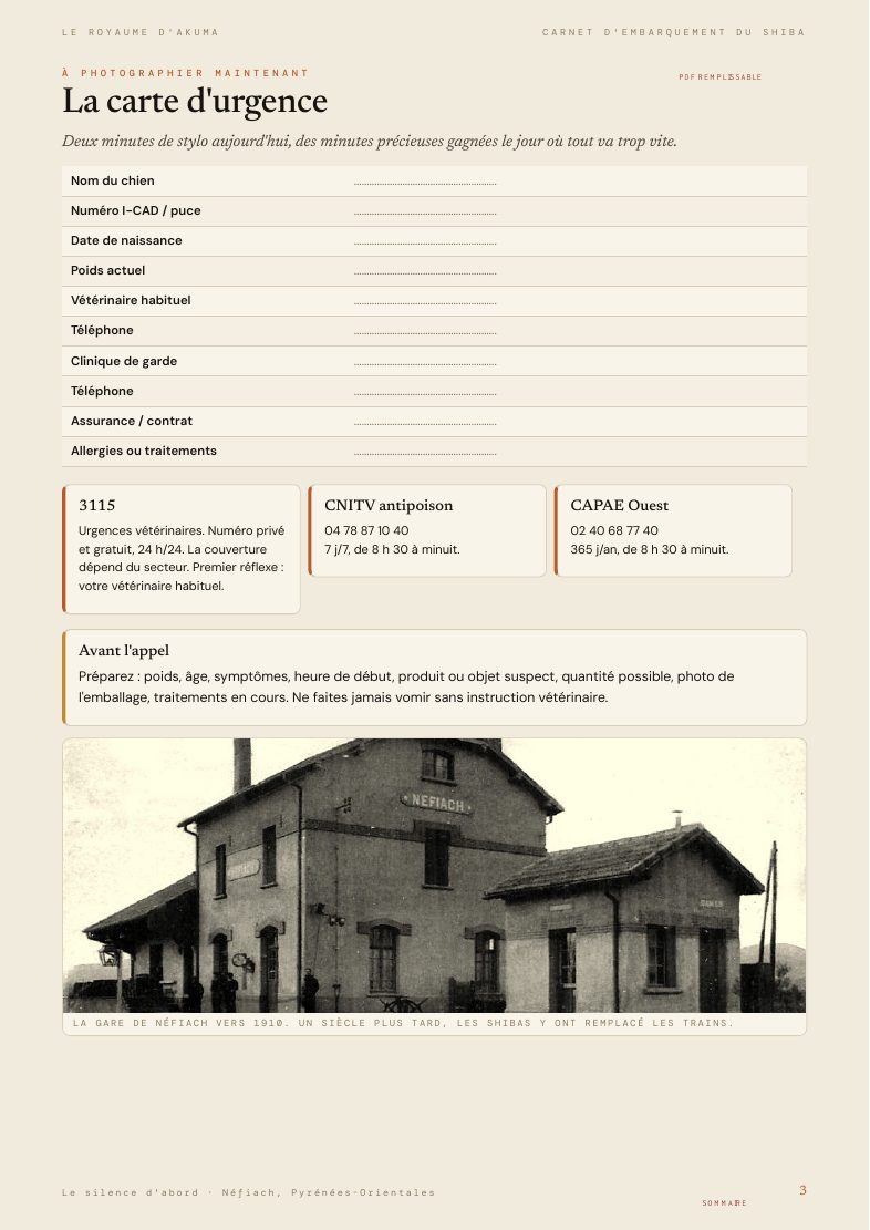 Carte d’urgence vétérinaire remplissable du carnet