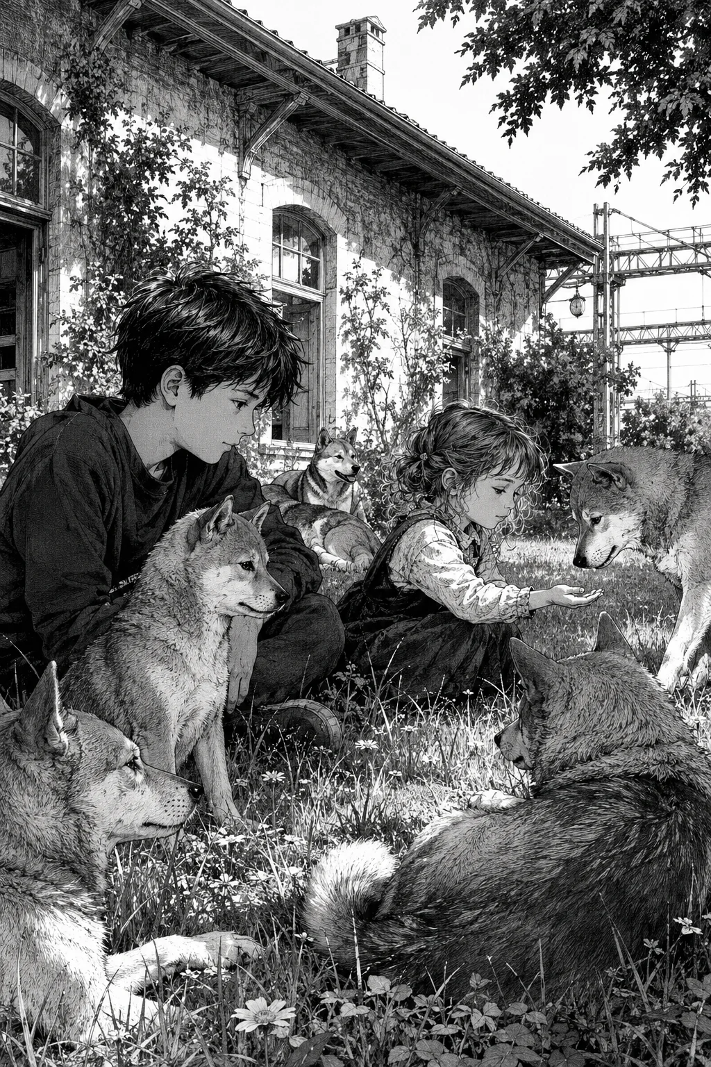 Samuel et Charlotte grandissent au milieu de la meute dans le jardin de la gare, illustration manga originale