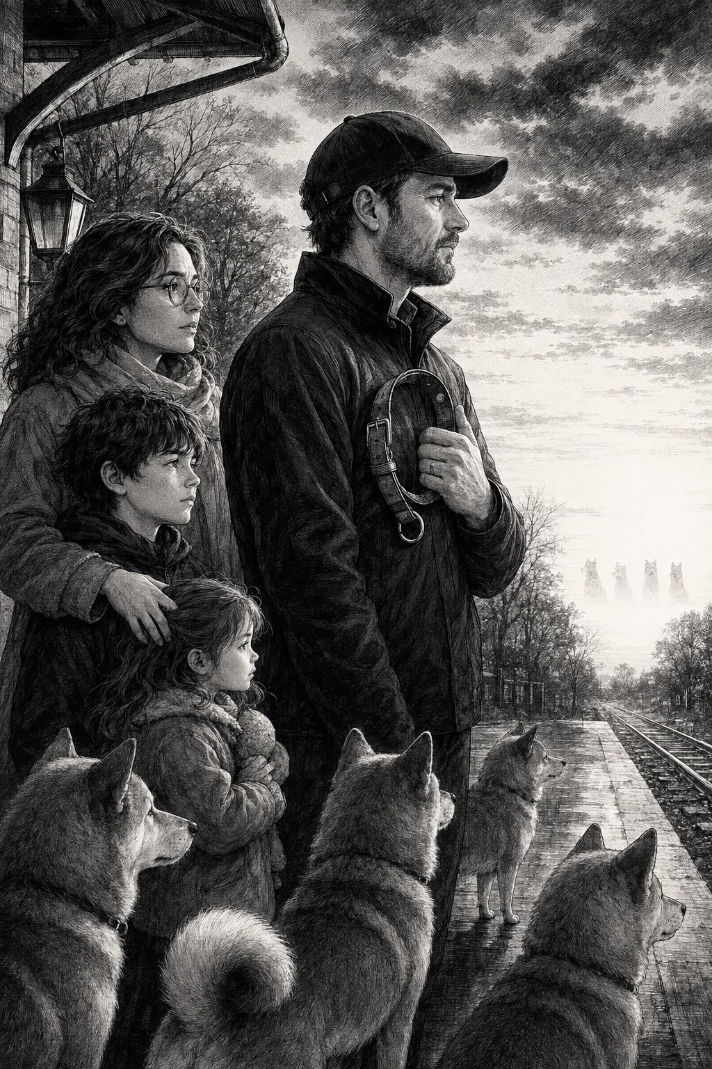 La famille et la meute portent la mémoire des chiens disparus sur le quai de la gare, illustration manga originale