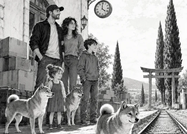 Adèle, Adrien, Samuel, Charlotte et les Shiba découvrent l’ancienne gare de Néfiach, illustration manga originale