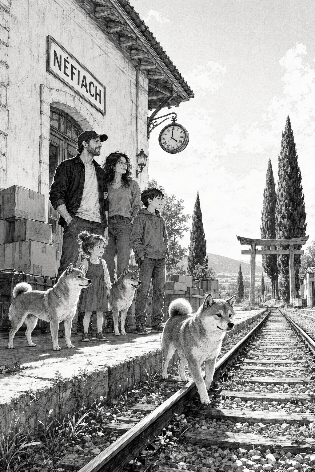 Adèle, Adrien, Samuel, Charlotte et les Shiba découvrent l’ancienne gare de Néfiach, illustration manga originale