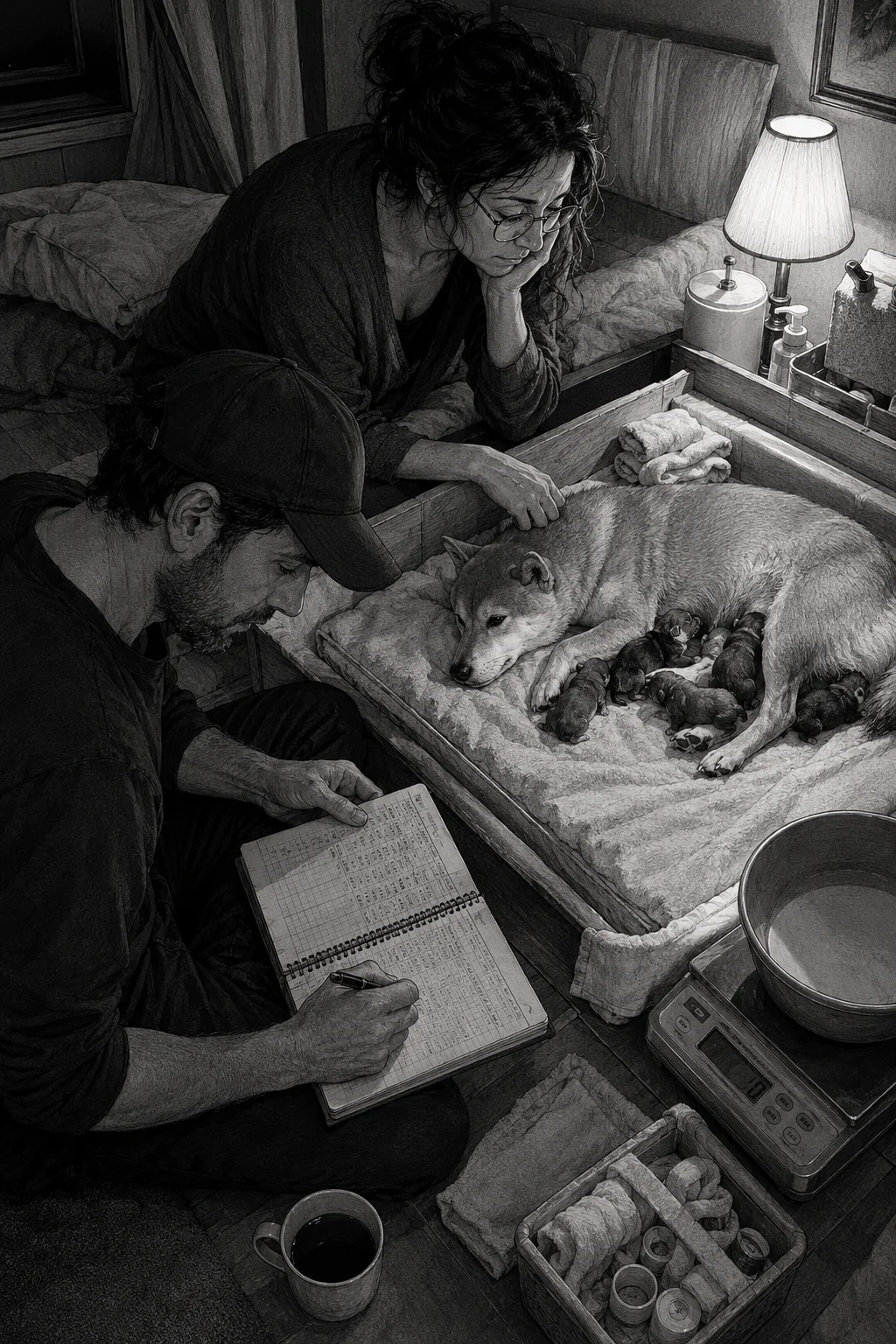 Adèle et Adrien veillent Tanaka et ses nouveau-nés pendant une nuit de mise bas, illustration manga originale